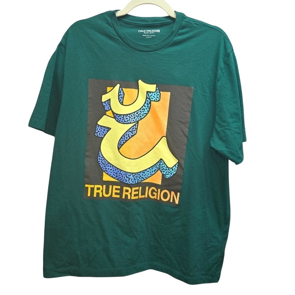 True Religion Relaxed Double Retro Tee Green Graphic Logo T Shirt Men's Medium